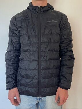 Eddie Bauer Men's Black Hooded Packable Puffer Jacket